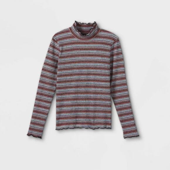 Art Class Lettuce Edge Mock Neck Top M Striped Red Metallic Pullover Long Sleeve - Picture 1 of 8